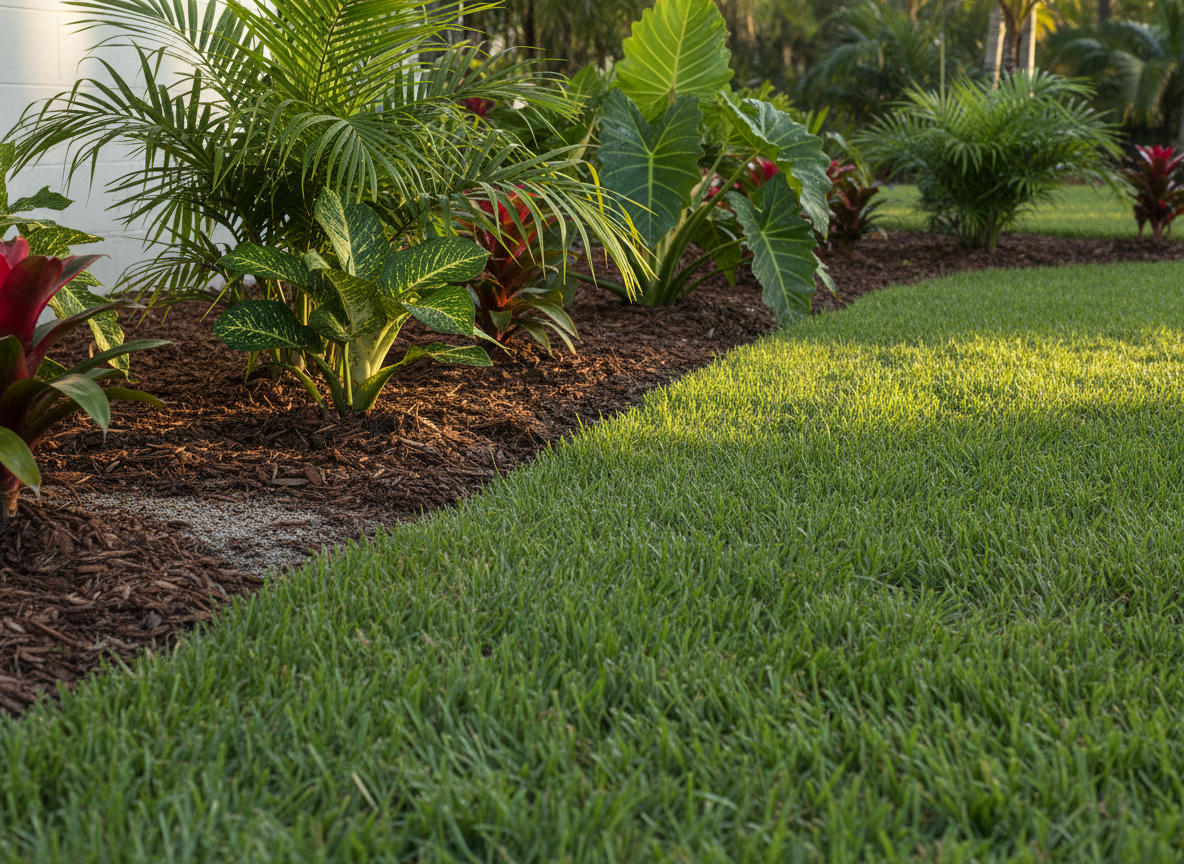 Freshly manicured green lawn with clean edging and tropical plantings