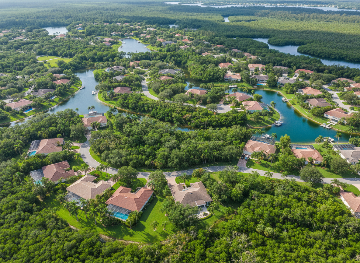 Aerial view of a lush green Florida neighborhood with tropical foliage and waterways