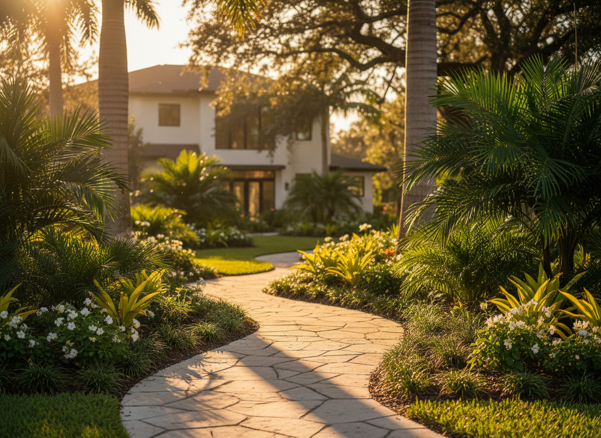 Professionally designed Florida landscape with native plantings and a curving stone path at golden hour