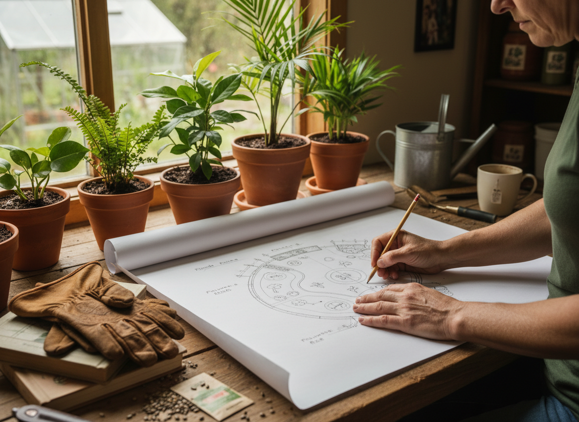 A landscape designer's hands sketching a garden plan beside native plants and work gloves
